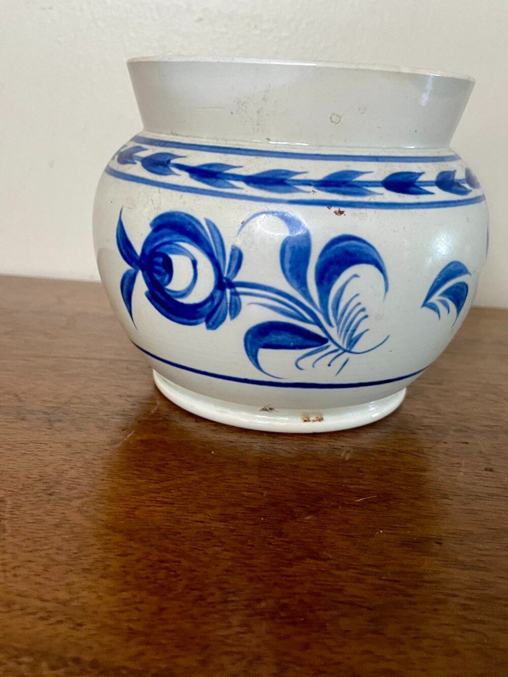 Antique,Hand-Painted Lidded Salt-Glazed Stoneware Crock Blue Floral Cottagecore